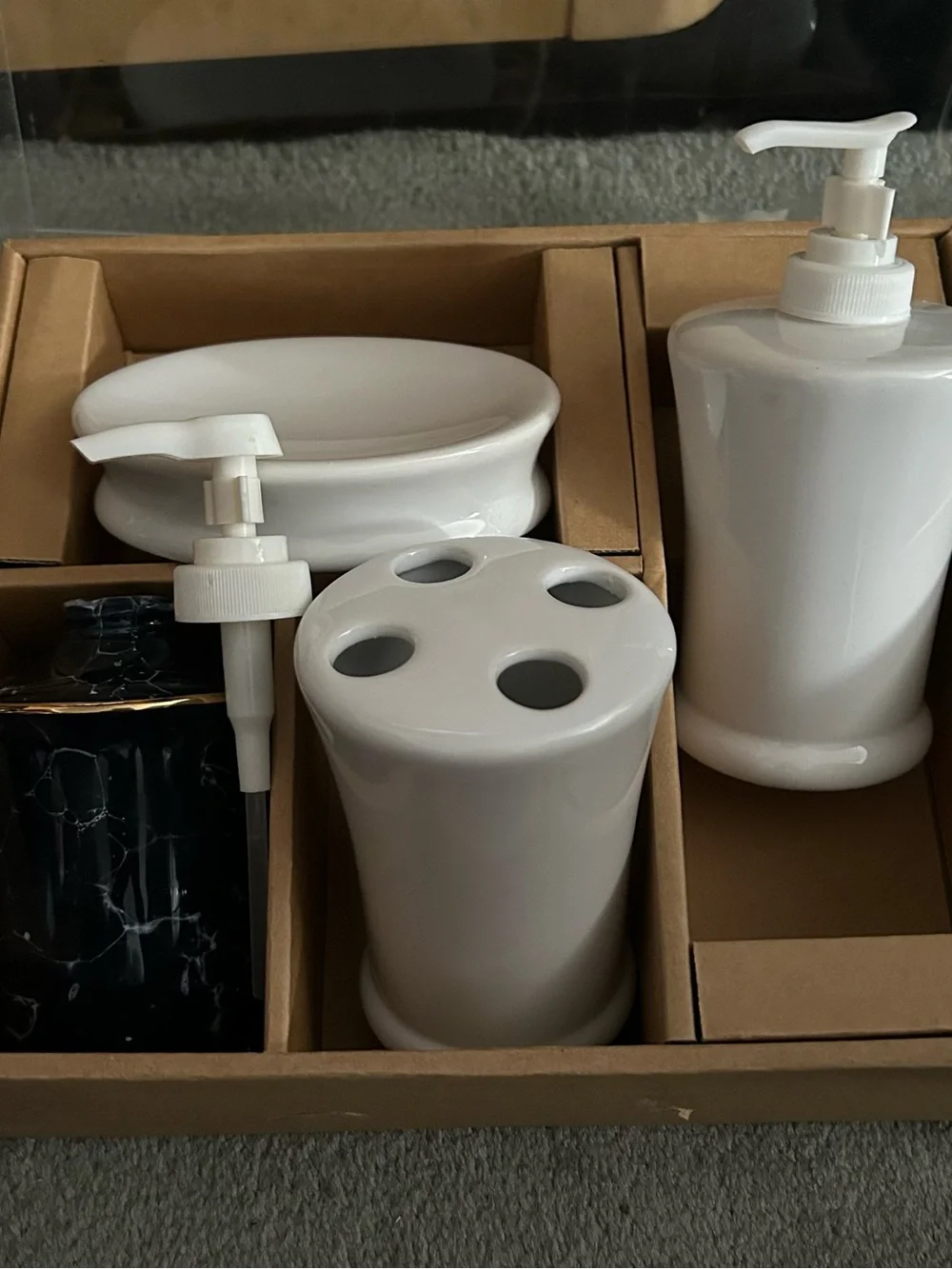 4 Piece Ceramic Bath Accessory Set, New (3 off white and 1 black marbleized)